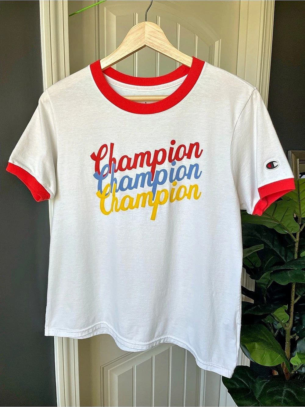 Champion Triple Script Ringer Tee Graphic White & Red Women’s Size Small Boxy
